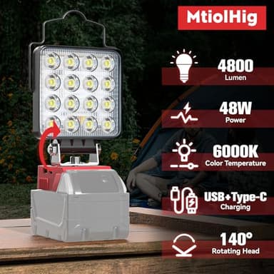 Crodless Work Light Compatible with Milwaukee 18V Battery, MtiolHig Portable LED Light 6000K 48W 4800 Lumen Flood Light Flashlight Battery with USB-A & Type C Emergency for Camping, Workshop - Image 2