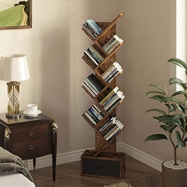 Rolanstar Tree Bookshelf with Drawer, 9 Shelf Bookshelf, Wooden Bookcase Storage Rack for CDs/Movies/Books, Corner Bookshelves, Utility Organizer Shelves for Living Room, Bedroom, Rustic Brown - Image 5