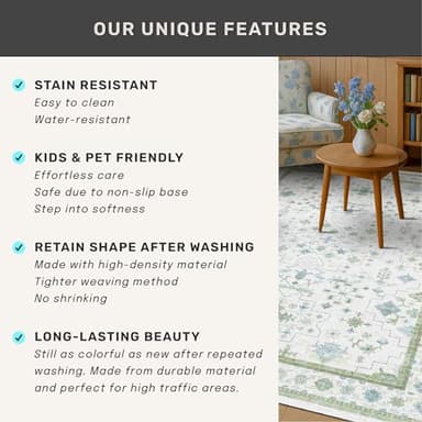 Oriental 10x14 Rug Living Room - Washable Oushak Boho Extra Large for Bedroom Non Slip Soft Faux Wool Carpet for Dining Room Playroom - Cream Blue and Green Floral Rug - Image 7