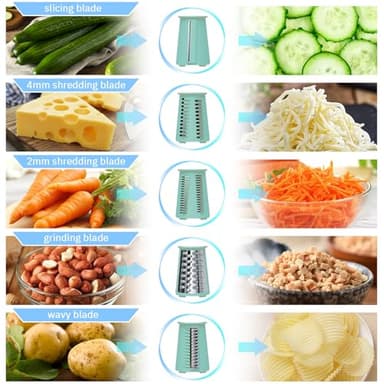 ENERGEVITY Manual Rotary Cheese Grater with Handle, 5 in 1 Replaceable Stainless Blades Cheese Shredder,Strong Suction Base Vegetable Slicer with Cleaning Brush & Bonus Storage Box for Blades (green) - Image 5