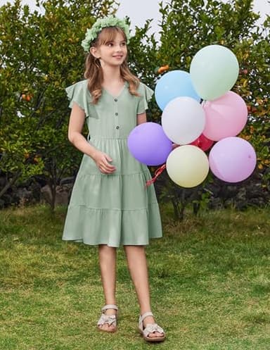 Arshiner Girls Dress Short Sleeve Summer V Neck Button Removable Belt Dresses with Pockets 5-6 Years Light Green - Image 2