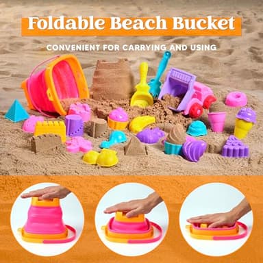 Sloosh Beach Sand Toys Set - Pink Dump Truck Car Toy with Sand Molds, Collapsible Buckets Mesh Bag Shovels Castle Ice Cream Mold for Ages Kids Toddlers Sandbox Toys Gifts Travel Vacation (Foods) - Image 4