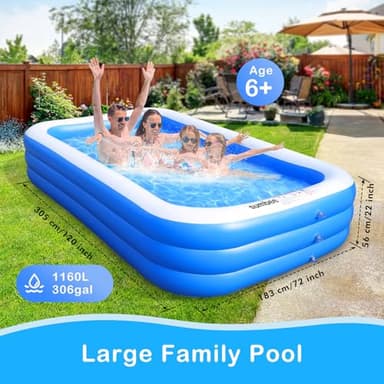 Sumbee Inflatable Swimming Pool for Kiddie Adults Kids, 120" X 72" X 22" Large Blow Up Pool for Family Backyard Outdoor Toddler,Big Rectangle Pools for Children Ages 4-8-12,Full-Sized,Blue - Image 2