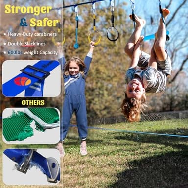 Ninja Warrior Obstacle Course for Kids, 2×56ft Slackline Kit with 8 Ninja Accessories - Monkey Bar, Rope Ladder, Gymnastic Ring, Arm Trainer and Monkey Fist - Image 2