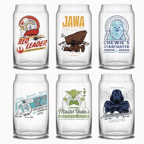 JoyJolt Star Wars Retro Vintage Collection 16.9oz Glass Tumblers - Featuring Darth Vader, R2D2, Yoda, Chewbacca, Red Leader, Jawa - Original Trilogy Drinkware, Set of 6 with Glass Straws - Image 1