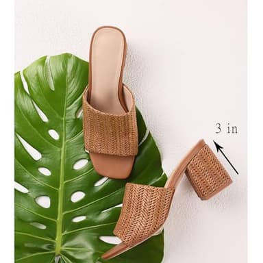Ancomafio Women's Heeled Sandals Raffia Heels Square Open Toe Heels Backless Mules Slip On Block Heels Brown Size 8.5 - Image 5