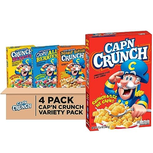 Quaker Cap'n Crunch Breakfast Cereal, 4 Flavor Variety Pack, (4 Pack), Sweetened Corn & Oat Cereal Original, Crunch Berries, Oops All Berries, Peanut Butter - Image 1