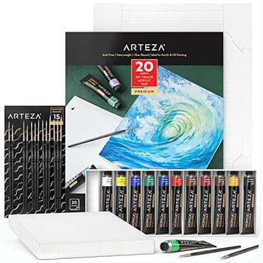 Arteza Acrylic Painting Art Set, 12 Colors Acrylic Paint, 15 Detail Brushes and 7x8.6 Inches Foldable Canvas Paper Pad Bundle, Art Supplies for Artists & Hobby Painters - Image 1