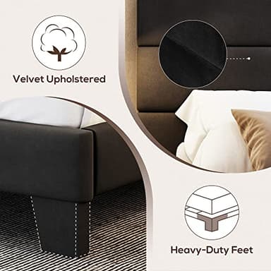 WEEWAY King Bed Frame Platform Bed with Velvet Upholstered Headboard and Wooden Slats Support, Heavy Duty Mattress Foundation, No Box Spring Needed, Easy Assembly, Black - Image 6