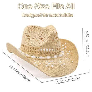 WQWOVRVO Cowboy Hat,Cowgirl Hat,Cowboy Hats for Women/Mens/Straw Wide with Shapeable Brim Cowboy Hats for Womens/White/Black/Beige (Beige+White) - Image 2