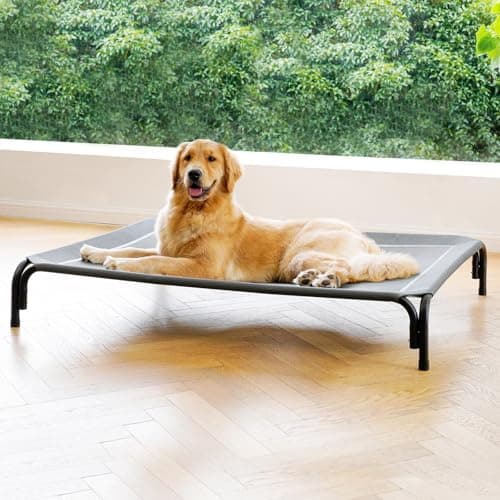 Elevated Dog Bed Raised Outdoor Dog Cot for Extra Large Dogs, Installation Requires No Tools, Frame with Washable Cooling Breathable Mesh Anti-Slip Feet, Indoor Pet Bed, Grey, 48.8 Inches - Image 1