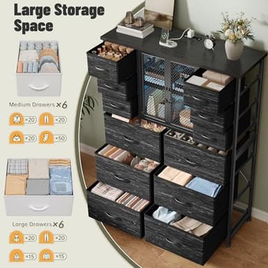 Dresser for Bedroom with 12 Drawers, Charging Station & LED Light & Mesh Door, Large Chests of Drawers for Hallway, Living Room, Entryway, Wooden Top, Metal Frame, Black, 50.6" H x 37.8" W x 11.8" D - Image 3