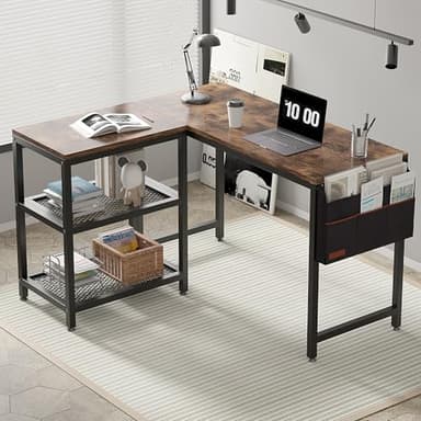 VECELO L Shaped Desk, 49 Inch Computer Gaming Study Writing Table, Home Office Workstation with Storage Shelves & Bag - Image 2