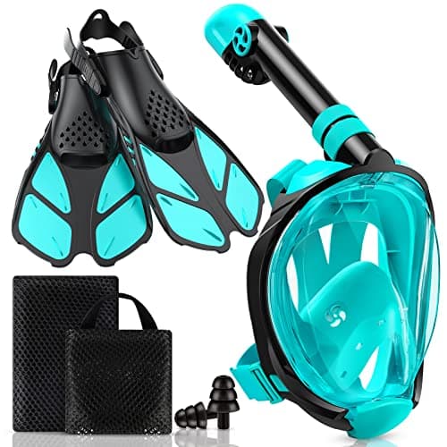 Viginsul Mask Fins Snorkeling Gear for Adults, Full Face Snorkel Mask & Adjustable Swim Fins Snorkel Set, Panoramic View Snorkel Mask Dry Top Anti-Fog Anti-Leak - Image 1