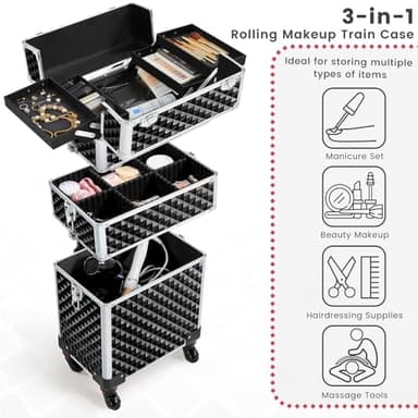 Yaheetech Rolling Makeup Train Case 3 in 1 Cosmetic Case Professional Makeup Suitcase Large Aluminum Cosmetic Trolley with Swivel Wheels and Key, Diamond Pattern- Black - Image 7
