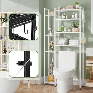 Simple Trending 8 Tier Over The Toilet Storage with Side Rack, Bathroom Organizer Metal Shelves for Towels, White - Image 6