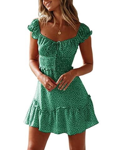 YOBECHO Womens Summer Ruffle Sleeve Sweetheart Neckline Printing Dress Mini Dresses Green - Image 1