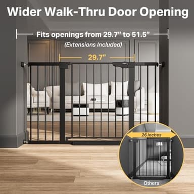 Cumbor 29.7"–51.5" Extra Wide Baby Gate for Stairs, Pressure-Mounted Dog Gates for Doorways & Hallways, Auto-Close Walk-Through, No-Trip Design, Child Proof Safety, Dog/Pet Gate for Indoor Use, Black - Image 3
