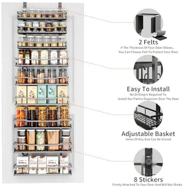 Over The Door Pantry Organizer, 9-Tier Over The Door Organizer with Adjustable Baskets, Metal Hanging Spice Rack for Pantry Organizers and Storage, Suitable for Kitchen Laundry Room & Bathroom, Black - Image 6