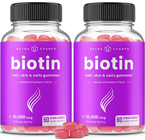 NutraChamps (2 Pack) Biotin Gummies 10,000mcg [High Potency] for Healthy Hair, Skin & Nails for Adults & Kids - 5000mcg in Each Gummy Vitamin - Vegan, Non-GMO, Pectin-Based Hair Health Supplement - Image 1