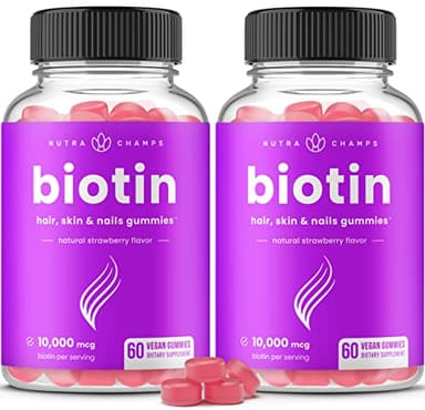 NutraChamps (2 Pack) Biotin Gummies 10,000mcg [High Potency] for Healthy Hair, Skin & Nails for Adults & Kids - 5000mcg in Each Gummy Vitamin - Vegan, Non-GMO, Pectin-Based Hair Health Supplement - Image 1