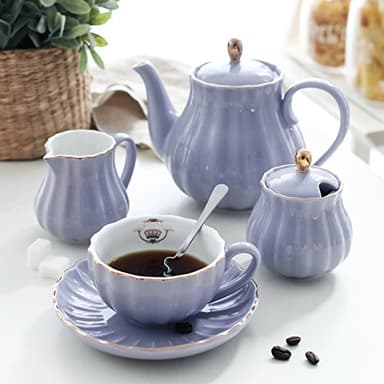 Porcelain Tea Sets British Royal Series, 8 OZ Cups& Saucer Service for 6, with Teapot Sugar Bowl Cream Pitcher Teaspoons and tea strainer for Tea/Coffee, Pukka Home(purple) - Image 2