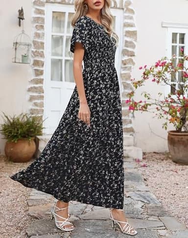 Women Summer Short Sleeve Round Neck Flutter Sleeve Smocked Pleats Ruffle Maxi Floral Dress Black Printed XL - Image 5