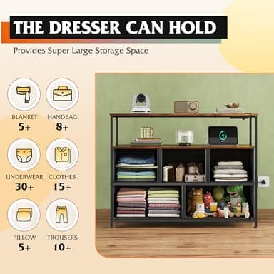 WLIVE Dresser for Bedroom, 5 Drawer Dressers with Charging Station, Fabric Chest of Drawers with Open Shelves, Storage Dresser for Living Room, Closet, Entryway, Rustic Brown Wood Grain Print - Image 4