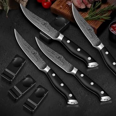 CoquusAid Steak Knives Set of 6, 4.8 Inch Non Serrated Razor-Sharp Durable Dinner knives with Rest, German Stainless Steel Damascus Pattern Full Tang Forged, Rust Resistant & Easy to Maintain - Image 8