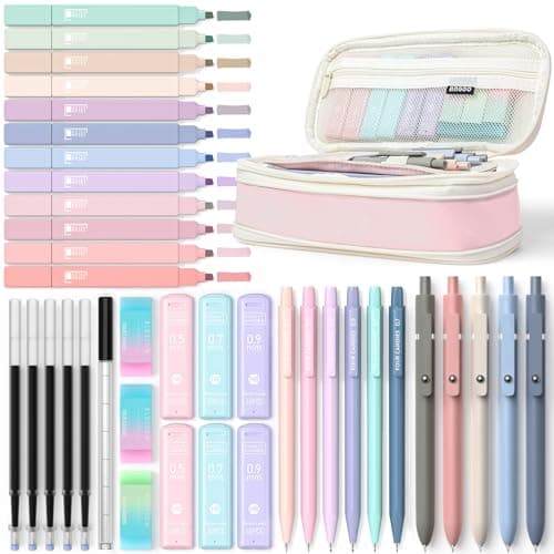 Four Candies 39 PCS Aesthetic School Supplies with Cute Pen Case, 12 Pastel Highlighters, 5 Black Ink Gel Pens, 6 Mechanical Pencils Set 0.5 & 0.7 mm for Students Stationary College Essentials (Pink) - Image 1