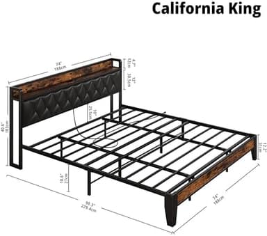 ANCTOR California King Bed Frames, Storage Headboard with Outlets, Easy to Install, Sturdy and Stable, No Noise, No Box Springs Needed, Rustic Brown and Black - Image 4