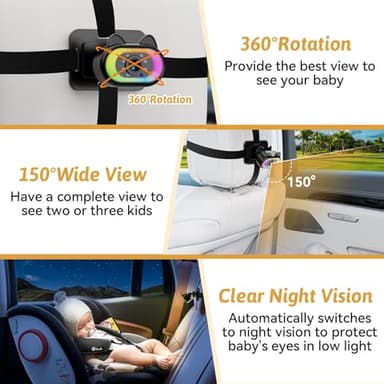 Baby Car Camera HD 1080P - 150° Wide Angle, Night Vision, Adjustable View, LED Lights, Easy Installation, Infant Safety, Rear Seat Monitoring for Car Travel - Image 4