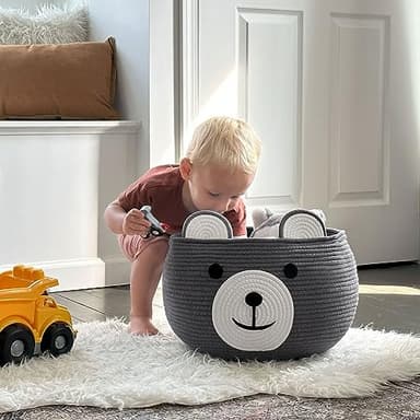 CherryNow Cotton Rope Baby Cute Storage Basket for Organizing, Toy Woven Rope Bear Basket for Kids, Empty Gift Baskets with Handles, Grey, 15.7" D x 10.5" H - Image 8