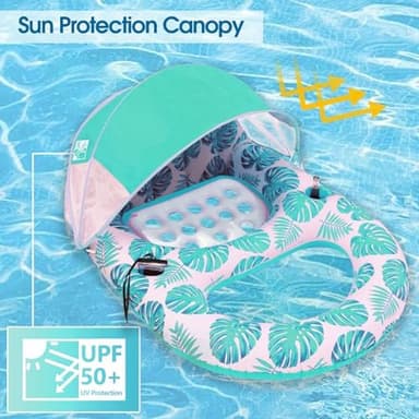 Pool Lounge Float with Canopy UPF50+,Extra Large Pool Floats for Adults Heavy Duty,Inflatable Lounger Float with Cup Holder & Backrest,Footrest - Image 4