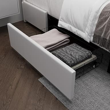 Keyluv King Size Bed Frame with RGB LED Lights & 2 Storage Drawers, Modern Upholstered Platform Bed with Iron Metal Decor, USB Charging Ports, White - Image 6