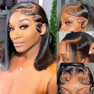 HIRIREMY Bob Wig Human Hair 13x4 HD Lace Frontal Short Straight Lace Front Bob Wigs for Black Women Human Hair Pre Plucked Glueless Side Part 180% Density Black Color 14 Inch - Image 1