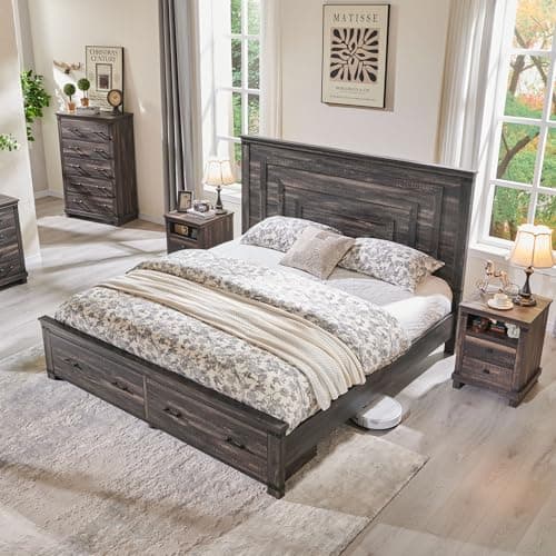 T4TREAM Farmhouse Queen Size Bed Frame with 54" Tall Geometric Headboard & 2 Large Storage Drawers, Rustic Wood Platform Bed with Wood Slats Support, No Box Spring Needed, Dark Rustic Oak - Image 1