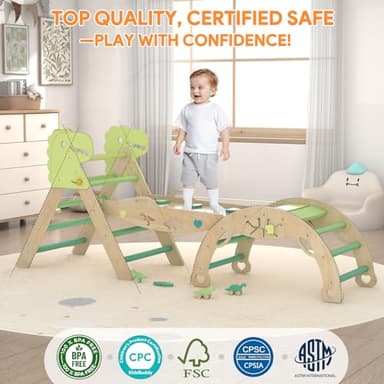 KidsBuddy Pikler Triangle Set with Cushion 9 in 1 Climbing Toys for Toddlers 1-3 Indoor Baby Climbing Gym Toddler Montessori Toys Wooden Toy with Maze Toy, Shape Sorter, Dinosaur Car - Image 4