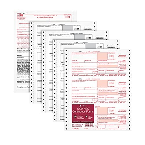 Adams 1099 NEC 3 Up 2021 Continuous Forms, 4 Part Carbonless Forms, for Pin Fed Dot Matrix Printers, with 3 1096, 20 Pack (TXA2299-NEC21) - Image 1