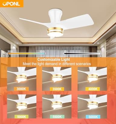 OPONL 30" White low profile Ceiling Fan with Light, with Gold Trim Ring, Large Air Volume, flush mount ceiling fan for Bedroom Kitchen Dining room Patio - Image 3