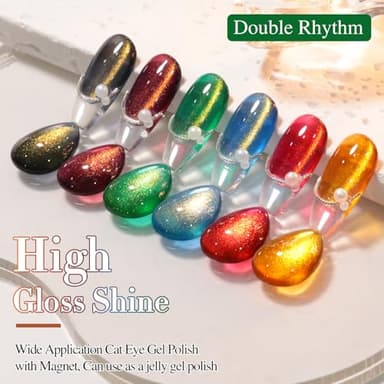 Double Rhythm Cat Eye Gel Nail Polish Set of 6 Same Color Same Bottle 0.5 Oz Shimmer Glitter with Magnet Holographic Reflective Magnetic UV Polish Kit (Golden Black Brown Red Blue Green-T6-33) - Image 7