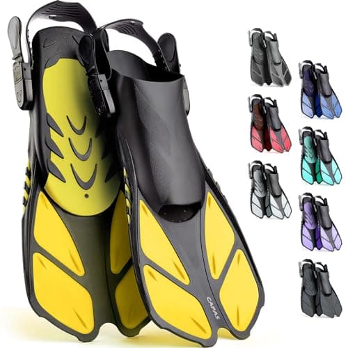 CAPAS Snorkel Fins, Swim Fins Travel Size Short Adjustable for Snorkeling Diving Adult Men Women Kids Open Heel Swimming Flippers (Yellow, L/XL (US Men 9-13 / Women 10-14)) - Image 1