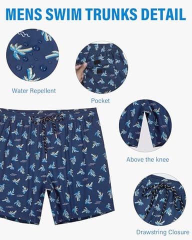 Gleeease Mens Lined Swim Trunks: 7 inch Quick Dry Stretchy Soft with Mesh Liner Sea Beach Pool Water Sport Coconut Tree Navy - Image 4