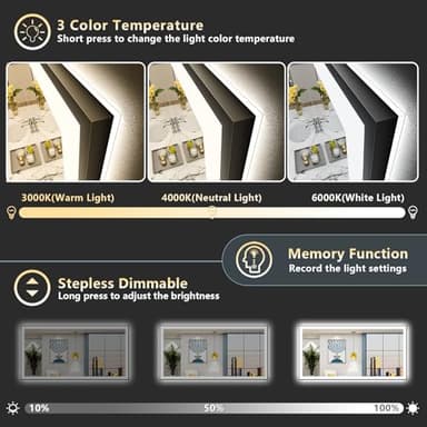 AWANDEE 72x40 Black Framed LED Bathroom Mirror with Lights, Backlit + Front Lit, Anti-Fog Lighted Vanity Mirror for Bathroom Wall with 3 Colors, Stepless Dimmable, Memory, Tempered Glass, ETL Listed - Image 5