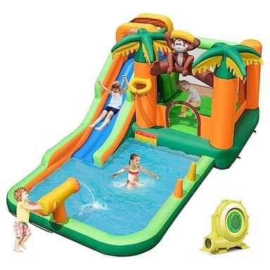 BOUNTECH Inflatable Water Slide, Jungle Kids Water Park Jump Castle with Long Slide, Splash Pool, Water Slides Inflatables for Kids, Blow up Backyard Party Outdoor Water Slide Bounce House with Blower - Image 1