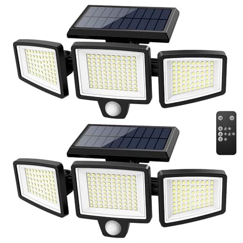 Tuffenough Solar Outdoor Lights 2500LM 210 LED Security Lights with Remote Control,3 Heads Motion Sensor Lights, IP65 Waterproof,270° Wide Angle Flood Wall Lights with 3 Modes(2 Packs) - Image 1