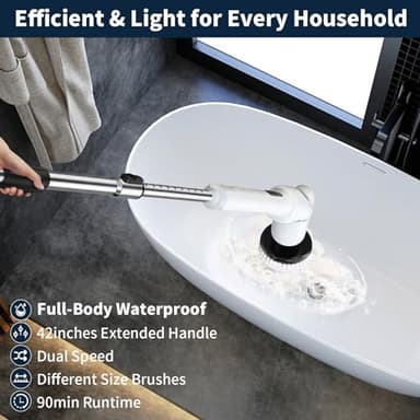 Electric Spin Scrubber - Cordless Cleaning Brush with Digital Display, 2 Speeds, 8 Brush Heads, IPX7 Waterproof, Adjustable Long Handle for Bathroom, Tub, Tile, Shower, and Car - Image 5