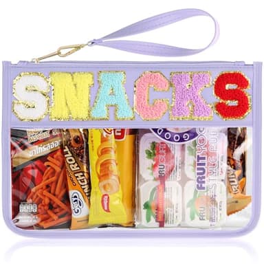 Snack Bag for Travel - Clear Chenille Varsity Letter Flat Pouch with Zipper, Waterproof Clear PVC&PU Preppy Patch Makeup Cosmetic tote Bags for Women Girls (Purple-Snacks) - Image 1