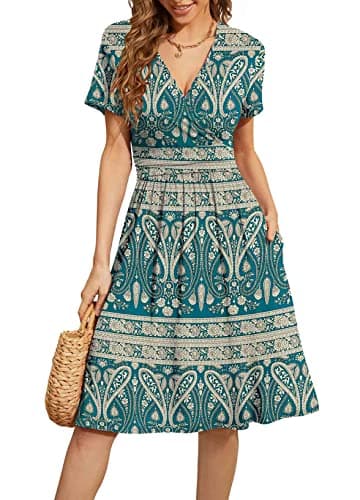 WEACZZY Sundresses for Women Casual Floral Summer Dress Short Sleeve Paisley Print Sun Dress V-Neck Swing Flowy Dresses with Pockets, Blue Khaki,XL - Image 1