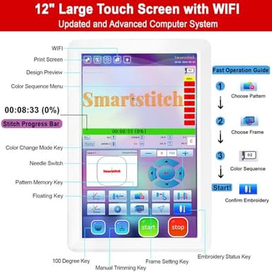 Smartstitch S-1501 Commercial Embroidery Machine with 15 Needles,14"x20" Embroidery Area,1200SPM Max Speed,12" Touch Screen, Wifi available, capable of embroidering on 3D Caps, Flat, T-shirt and more - Image 2